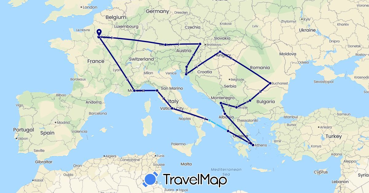 TravelMap itinerary: driving, boat in Albania, Austria, Bulgaria, Germany, France, Greece, Croatia, Hungary, Italy, Montenegro, Macedonia, Romania, Slovenia (Europe)